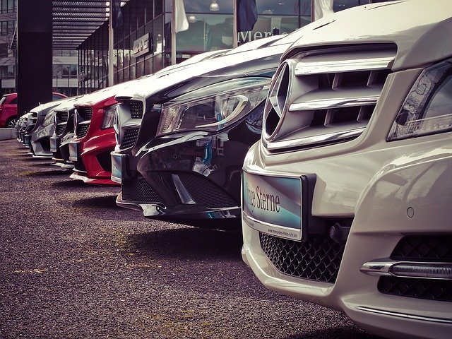 Row of mercedes cars on a sales lot